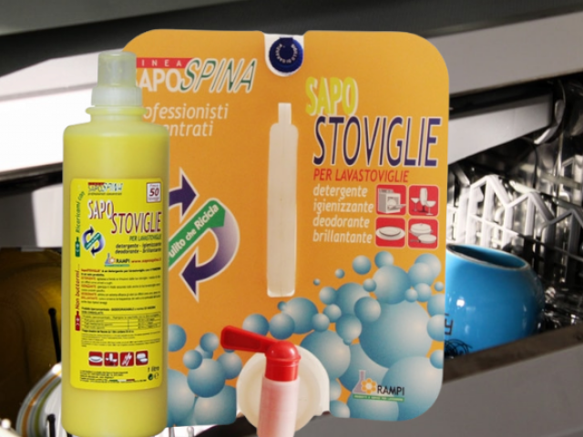 SapoSTOVIGLIE  est un  liquide pour lave-vaisselle avec 4 FONCTIONS en 1 produit